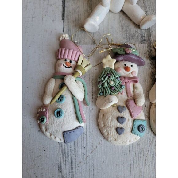 Clay sitting snowman variety ornament set tree broom Xmas - Picture 3 of 9